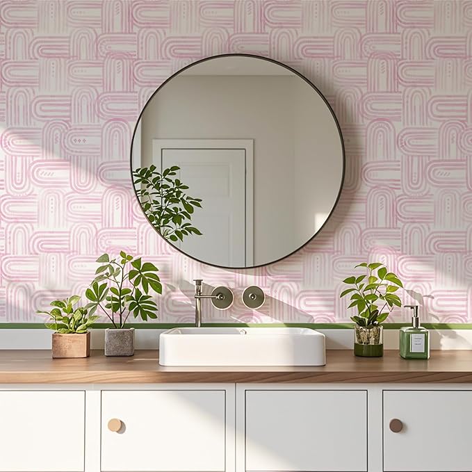 Modern Peel and Stick Wallpaper Light Pink Wallpaper 17.3" x 480" Boho Abstract Geometric Contact Paper Waterproof Wall Paper for Bedroom Cabinets Furniture Vinyl