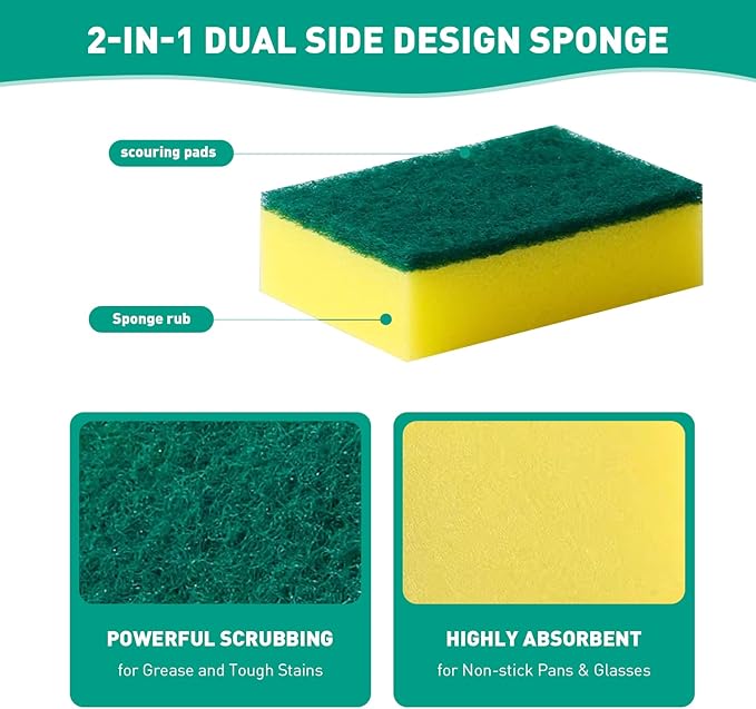 24-Pack Heavy Duty Scrub Sponges, Non-Scratch Kitchen Sponge with Durable Scouring Pad, Dual-Sided Cleaning Sponge for Dishes, Pots, Pans, Sinks – Extra Absorbent & Long-Lasting