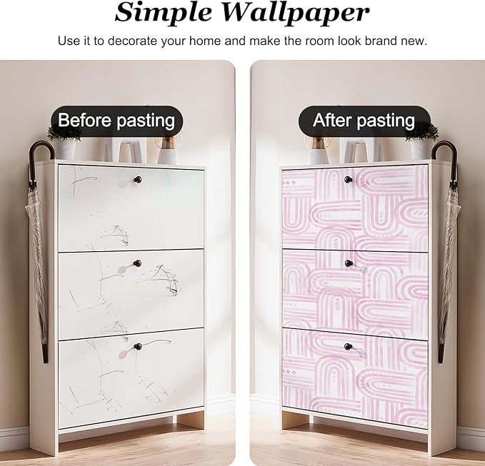 Modern Peel and Stick Wallpaper Light Pink Wallpaper 17.3" x 480" Boho Abstract Geometric Contact Paper Waterproof Wall Paper for Bedroom Cabinets Furniture Vinyl