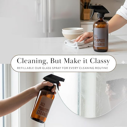 SAVVY & SORTED Amber Glass Spray Bottles for Cleaning, Refillable Amber Spray Bottle with Label, Glass Cleaning Bottles with Adjustable Nozzle, 17 Fl Oz / 500 ml