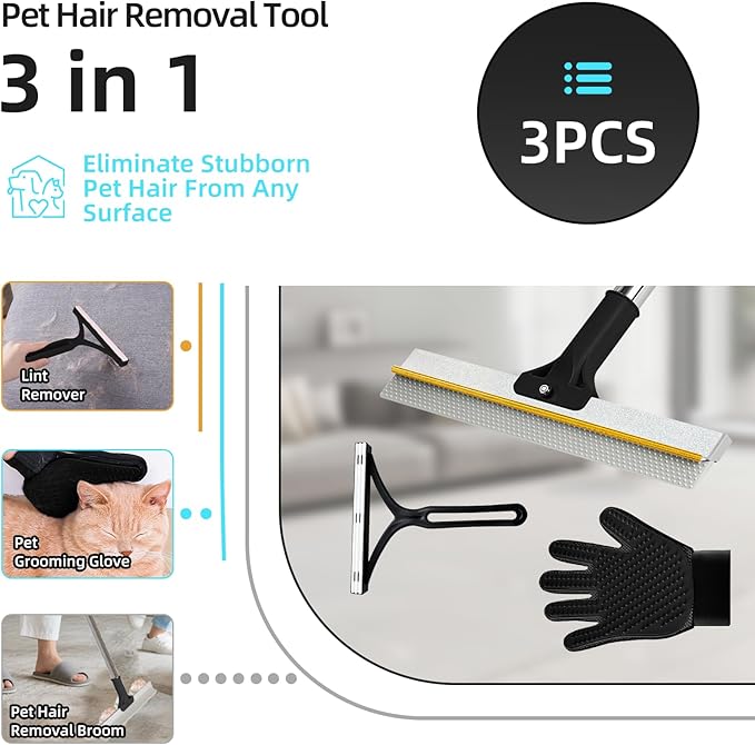 Carpet Rake for Pet Hair Removal - Upgraded 2-in-1 Carpet Broom with Copper Scraper & TPU Brush, 54’’ Adjustable Long Handle Reusable Cat Dog Hair Remover Tool for Deep Cleaning Rugs, Mats (Black)