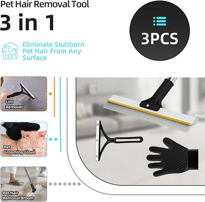 Carpet Rake for Pet Hair Removal - Upgraded 2-in-1 Carpet Broom with Copper Scraper & TPU Brush, 54’’ Adjustable Long Handle Reusable Cat Dog Hair Remover Tool for Deep Cleaning Rugs, Mats (Black)