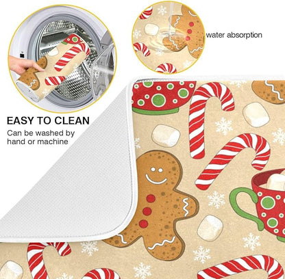 Christmas Gingerbread Man Candy Cane Dish Drying Mat for Kitchen Winter Snow Snowflake Snowman Xmas Microfiber Drying Mats Absorbent Reversible Dish Pad Medium Dish Draining Mat 16x18 inch