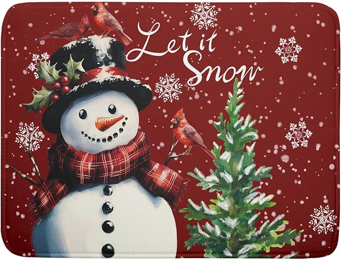 Winter Snowflake Red Dish Drying Mat for Kitchen Counter,Xmas Trees Snowman Cardinal Bird Drying Mat 18 x 24 Inch with High Absorbent Microfiber Drainer Mat for Coffee Bar