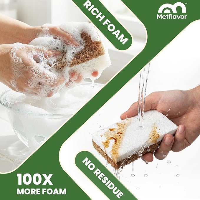 Metflavor Plant-Based Natural Kitchen Sponges,Biodegradable Non-Scratch Cellulose & Coconut Walnut Scrubber Sponge, Eco-Friendly & Sustainable (24 Pack)