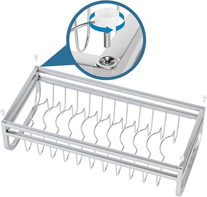 Dish Drying Rack for Small Kitchen Counter, 304 Stainless Steel Small Dish Rack w Utensil Holder & Tray for Limited Space, Rustproof Narrow Dish Rack for Pot & Pan, Plate, Lid (Silvery)