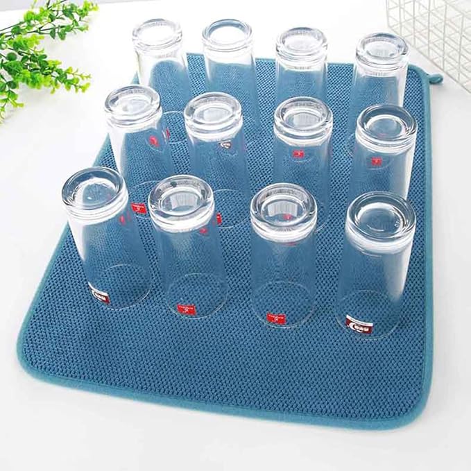 2 Pack Dish Drying Mats for Kitchen Counter, 20*15 Inch Microfiber Absorbent Dish Drainer Mats with Hanging Loop, Medium Size Dish Drying Pad for Countertops, Draining Racks, Sinks (Blue)