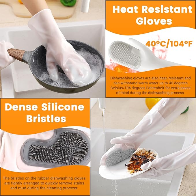2 Pairs Silicone Dishwashing Gloves, Reusable Rubber Scrub Cleaning for Washing Dishes Gloves