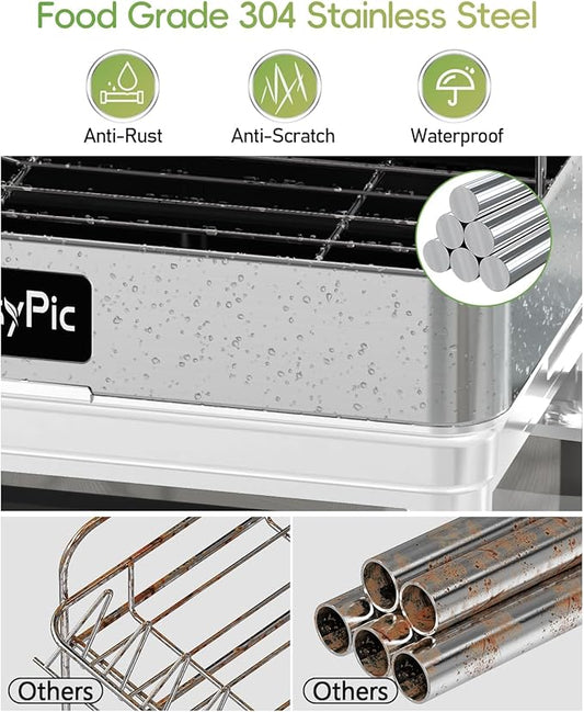 2 Tier Dish Drying Rack, Thicker Premium 304 Stainless Steel Dish Racks for Kitchen Counter, Automatic Drainage Spout, Dish Drainer & Drainboard Set with Utensil Holder and Cup Holder, White
