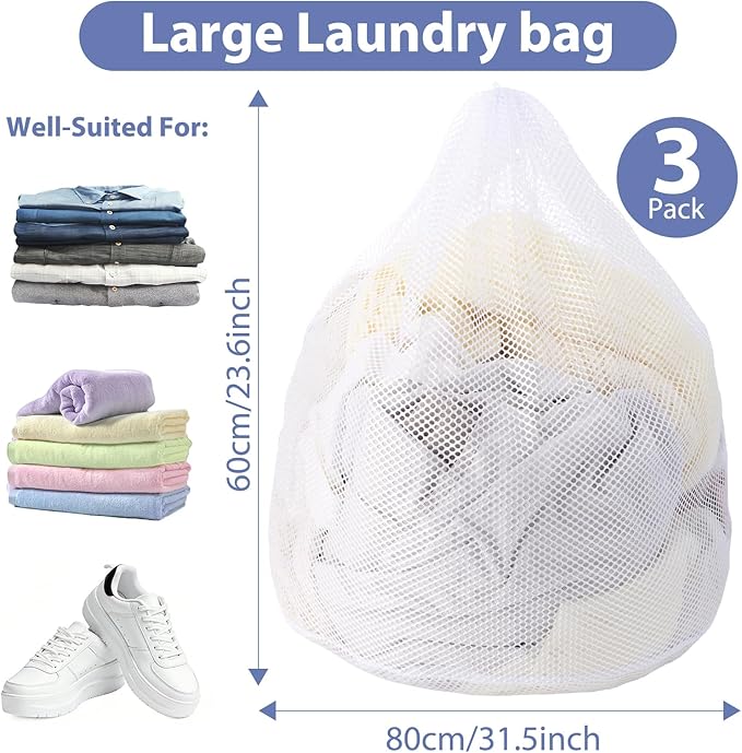 3 Pcs Sturdy Mesh Laundry Bags Large Mesh Laundry Bag 23.6 x 31.5 Inches with Drawstring Closure Washing Machine Bags for Delicates Suitable for Clothes Bed Linen Travel and Family Use