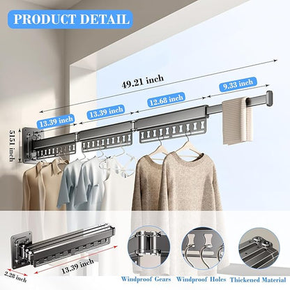 Clothes Drying Rack Wall-Mounted, 3-Fold Retractable Clothes Hanger with Windproof Holes & Detachable Design, Sturdy Foldable Laundry Rack for Balcony, Bathroom Use (Gunmetal Gray)