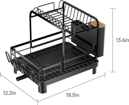 Runnatal 2-Tier Dish Drying Rack, Large Dish Rack with Drainboard Set, Detachable 4-in-1 Large Capacity Dish Drainer Over The Sink Anti-Rust for Kitchen Counter, Black