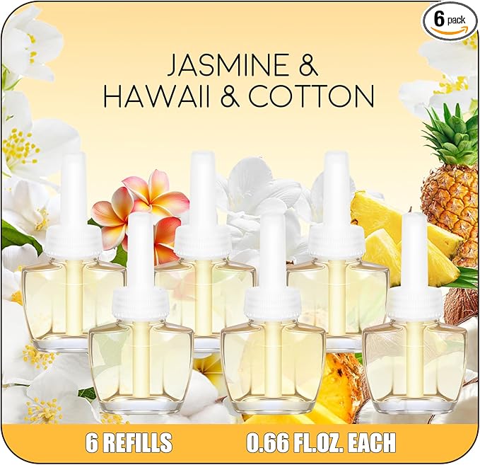 Plug In Refills Air Freshener, Scented Wall Plug in Refills for Home and Bathroom, Jasmine, Hawaiian & Cotton Scents, 6 Count (3.96 Fl Oz), Compatible with Air Wick & Glade, Not Include Glade Plus