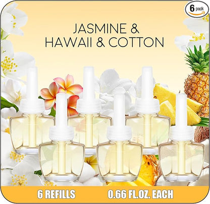 Plug In Refills Air Freshener, Scented Wall Plug in Refills for Home and Bathroom, Jasmine, Hawaiian & Cotton Scents, 6 Count (3.96 Fl Oz), Compatible with Air Wick & Glade, Not Include Glade Plus