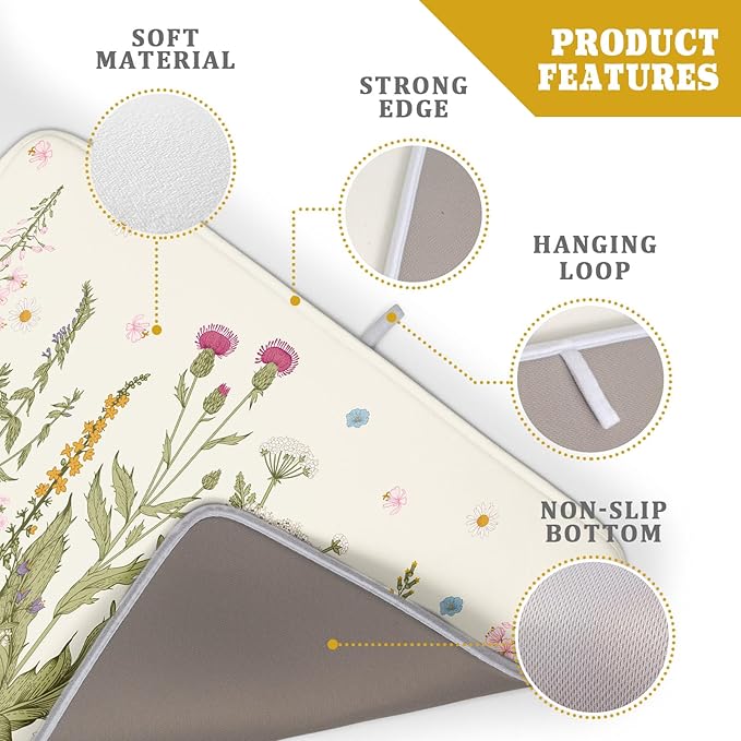 Aportt Spring Floral Wildflower Dish Drying Mat With Absorbent Reversible Microfiber Summer Flowers Sage Green Herbs Drying Mats 18 x 24 Inch Dish Drainer Mat Fast Dry For Kitchen Dining Room