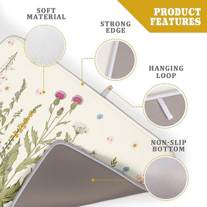 Aportt Spring Floral Wildflower Dish Drying Mat With Absorbent Reversible Microfiber Summer Flowers Sage Green Herbs Drying Mats 18 x 24 Inch Dish Drainer Mat Fast Dry For Kitchen Dining Room