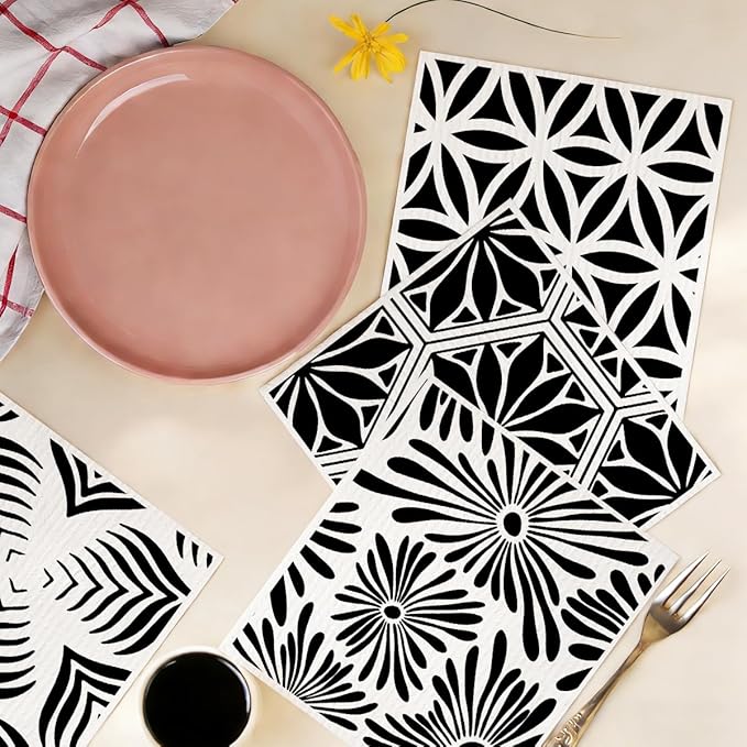 Geometric Swedish Dish Cloths Kitchen Cleaning Cloths 6 Pack, Reusable Dishcloths, Washable Absorbent Cellulose Sponge No Odor, Eco Dish Towels for Dish Washing, Gifts for Women Hostess