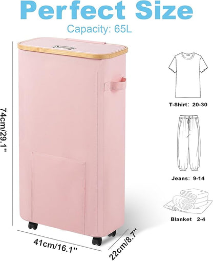 Laundry Basket with Wheels, Tall Dirty Clothes Hamper on Wheels, Rolling Laundry Hamper with lid for Dorm, Bedroom and Bathroom