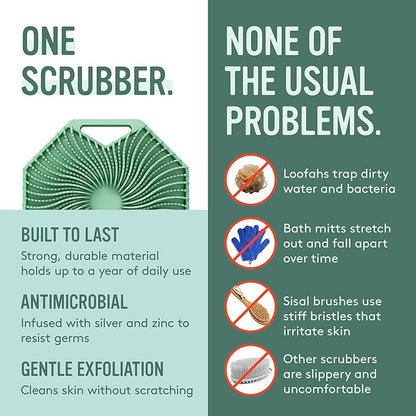 Sud Scrub® Antimicrobial Silicone Body Scrubber, Exfoliating Body Brush for Sensitive Skin, Antibacterial Shower Scrubber for Body, Bathroom Essentials for Men & Women, Mint