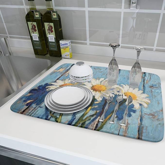 Daisy Floral Dish Drying Mat for Kitchen Counter 18x24 Spring Summer Theme Woodgrain White Flower Seasonal Absorbent Reversible Microfiber Drying Mats Kitchen Countertop Protector Dishes Drainer Pad