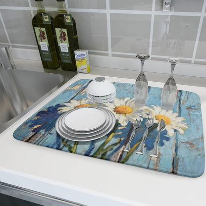 Daisy Floral Dish Drying Mat for Kitchen Counter 18x24 Spring Summer Theme Woodgrain White Flower Seasonal Absorbent Reversible Microfiber Drying Mats Kitchen Countertop Protector Dishes Drainer Pad