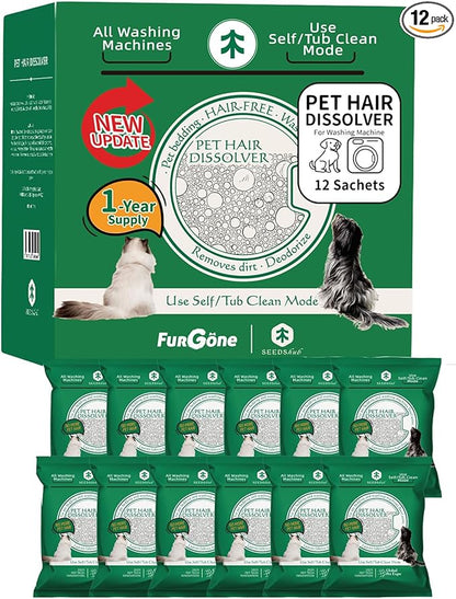 FURGONE by Seedshub Upgraded Pet Hair Dissolver Pro Washing Machine Cleaner Powder, Deep Cleaning Pet Bedding, 100g, 12 Sachets, Dog Cat Hair | Stain | Odor Remover for Laundry, No More Fur