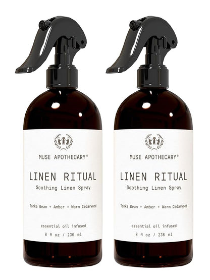 Muse Apothecary Linen Ritual - Aromatic, Soothing, and Relaxing Linen Mist, Laundry and Fabric Spray - Infused with Aromatherapy Essential Oils - 8 oz, Tonka Bean + Amber + Warm Cedarwood, 2 Pack