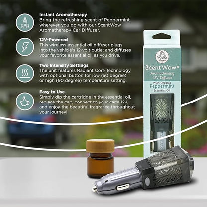 Belle Aroma ScentWow Aromatherapy - Peppermint Oil Car Diffuser for Essential Oils – Portable 12V Plug-In Mini Diffuser – Compact Travel Humidifier for Cars, Trucks & Small Spaces – Gray & Silver
