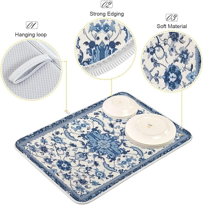 Dish Drying Mat Kitchen Counter Absorbent Blue and White Pattern Coffee Sink Mat Dish Drainer Pad 18 Inch x 24 Inch