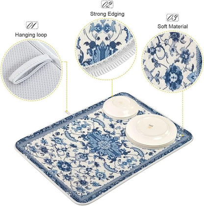 Dish Drying Mat Kitchen Counter Absorbent Blue and White Pattern Coffee Sink Mat Dish Drainer Pad 18 Inch x 16 Inch