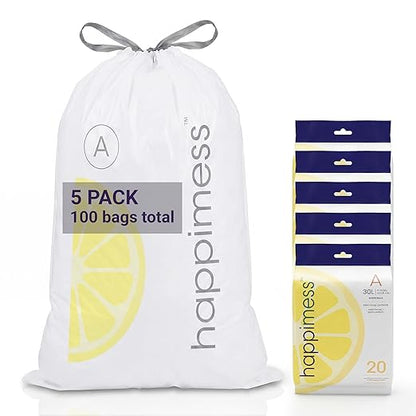 happimess 8 Gallon (30L) Drawstring Trash Bags, Lemon Scent, White, Heavy Duty MDPE Liners for Kitchen and Household, Odor Control, Custom Fit 100 Count (5 Packs of 20 Liners) HPM3100A-W-5SET