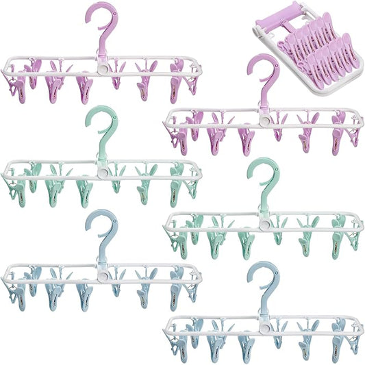 Suwimut 6 Pack Clothes Drying Rack, Small Folding Portable Underwear Hangers with 12 Clips, Plastic Laundry Clip and Drip Drying Hanger with 360° Rotatable Hook for Socks Towels Bras Clothes Gloves