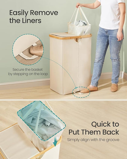 SONGMICS Laundry Hamper with Lids, Laundry Basket with 2 Compartments, 39 Gal. (150 L), Removable Liner Bag, for Laundry Room, Bedroom, Living Room, Cream White and Light Bamboo ULCB523W01