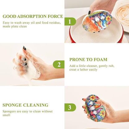 Flower Gnome Kitchen Scrub Sponges, Pop-up Kitchen Cleaning Sponges Reusable Dish Washing Sponges for Bathroom Household Cleaning 3 Pack - Non Scratch Scrubber