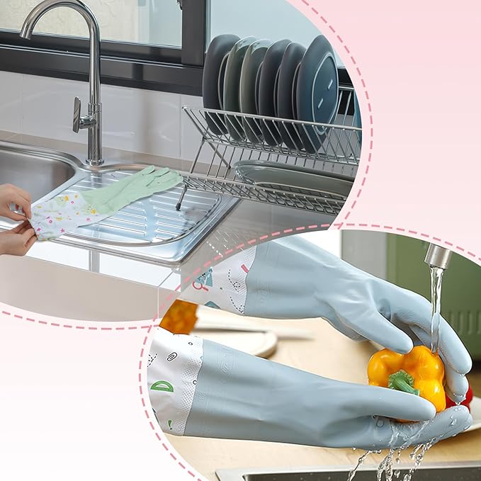 3 Pairs Dishwashing Cleaning Gloves, SHAIDOJIO Waterproof Reusable Kitchen Long Rubber Gloves, Non-Slip Latex-Free Household Gloves With Cotton Lined for Laundry Cleaning Working Gardening Cooking