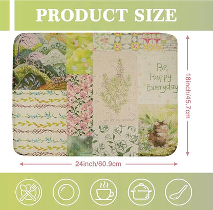 Floral Dish Drying Mat, Ultra Absorbent Microfiber Dish Drainer Mat Sage Green Plant Drying Mats for Kitchen Counter, Coffee Maker, 18 x 24 Inch