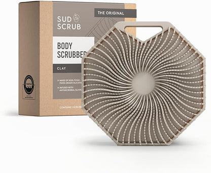 Sud Scrub® Antimicrobial Silicone Body Scrubber, Exfoliating Body Brush for Sensitive Skin, Antibacterial Shower Scrubber for Body, Bathroom Essentials for Men & Women, Clay