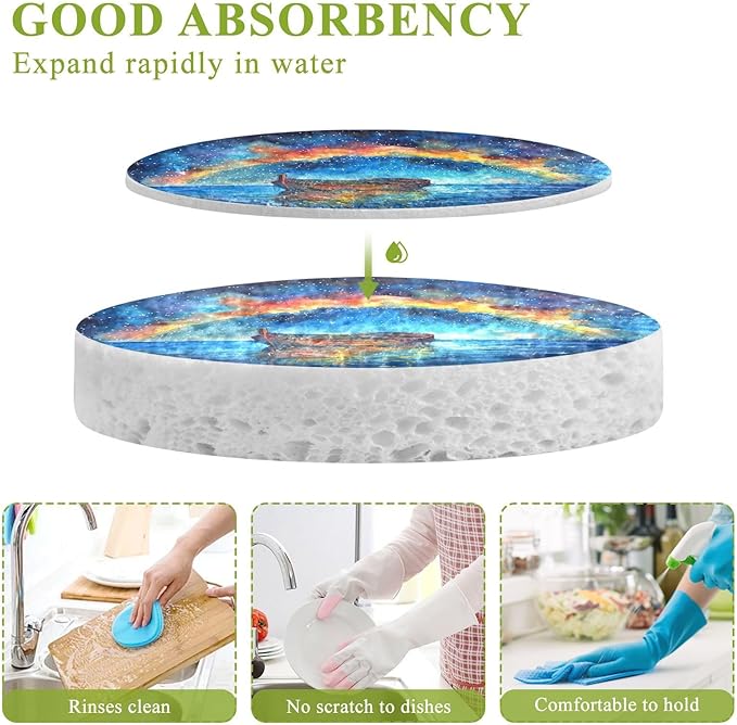 Rainbow Sailboat Kitchen Scrub Sponges, Pop-up Kitchen Cleaning Sponges Reusable Dish Washing Sponges for Bathroom Household Cleaning 3 Pack - Non Scratch Scrubber