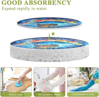 Rainbow Sailboat Kitchen Scrub Sponges, Pop-up Kitchen Cleaning Sponges Reusable Dish Washing Sponges for Bathroom Household Cleaning 3 Pack - Non Scratch Scrubber