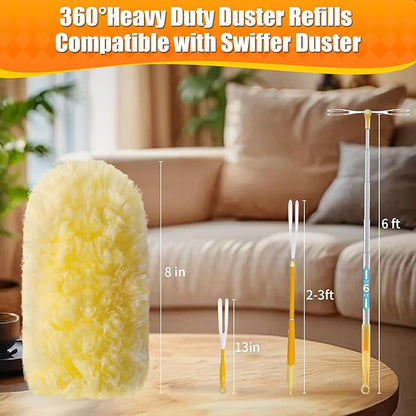 60 Count 360° Heavy Duty Duster Refills, Compatible with Swiffer Duster, Includes 1 Short Handle & 1 3 ft Extendable Handle, 4X Microfiber Cleaning Dusters, Disposable Unscented