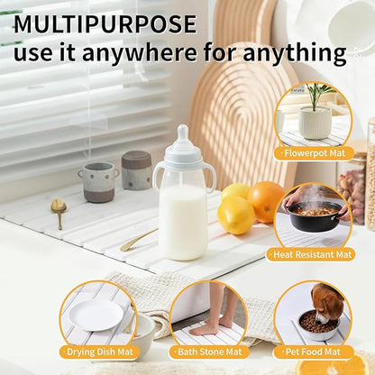Stone Dish Drying Mat for Kitchen Counter, 24''×16'' Quick Dry Stone Dish Matt Collapsible Water Absorbing Diatomaceous Earth Drying Organizer Mat for Dishes Bottles Cups, Any Countertop(White Marble)