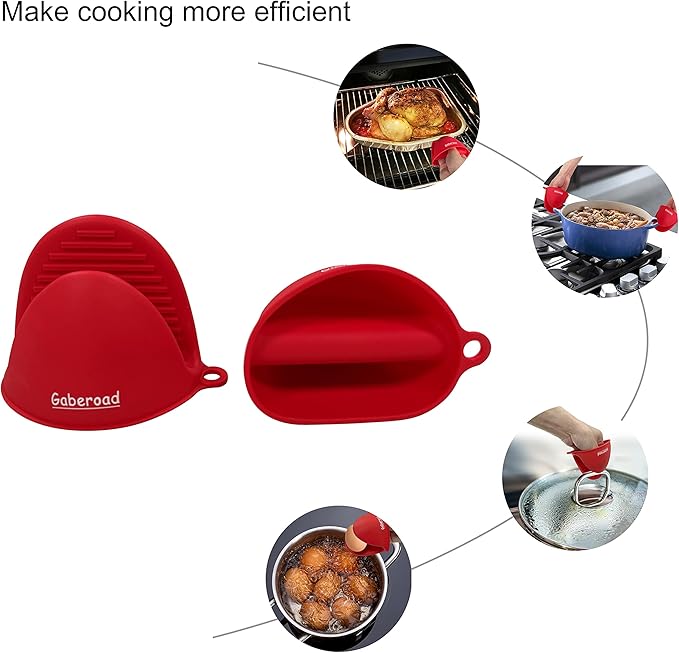 Thickened Mini Silicone Oven Mitts Heat Resistant, Rubber Oven Mitt Gloves, Finger Pinch Grips, Pot Holder, Silicone Potholder for Kitchen Cooking & Baking 1 Pair, Red