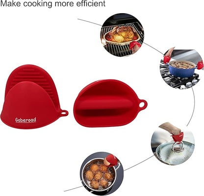 Thickened Mini Silicone Oven Mitts Heat Resistant, Rubber Oven Mitt Gloves, Finger Pinch Grips, Pot Holder, Silicone Potholder for Kitchen Cooking & Baking 1 Pair, Red