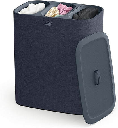 Joseph Joseph Tota Trio 90 liter/23.8 gallon Laundry Hamper Separation Basket with lid, 3 Removable Washing Bags with Handles- Dark Blue
