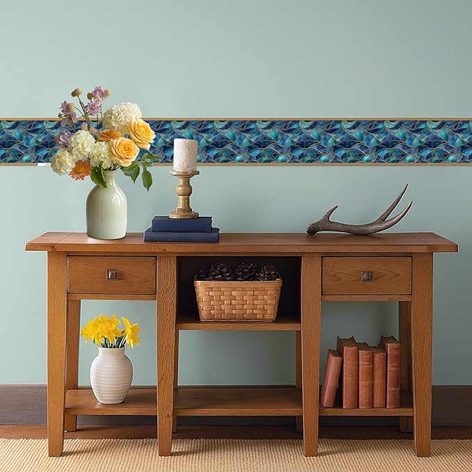 Blue Geometric Mosaic Wallpaper Border 196x4 Inch Peel and Stick Wall Border Removable Vinyl Wall Trim Modern Pattern for Kitchen Bathroom Laundry Room Home Decor