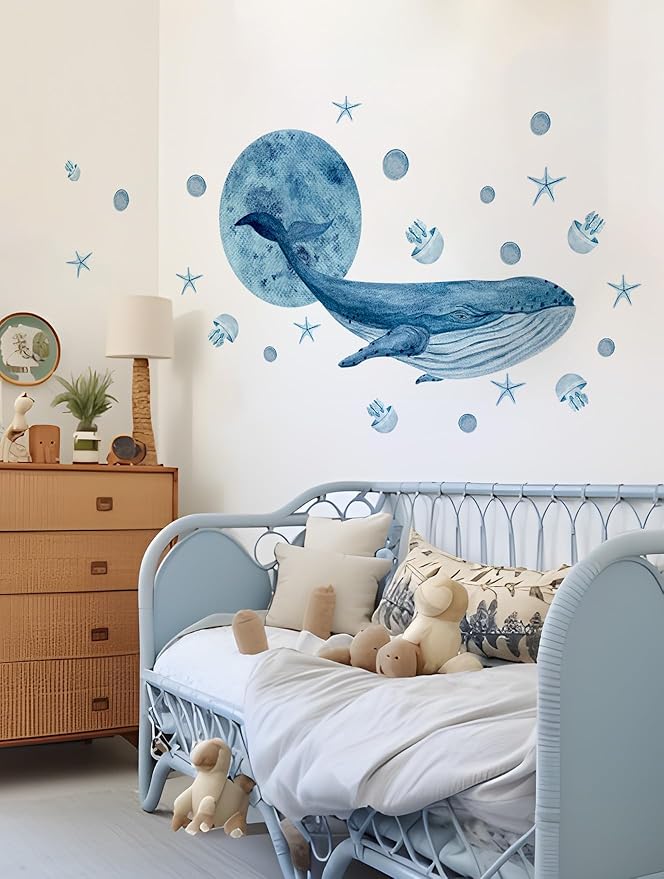Alwayspon Blue Whale Wall Decals Vinyl Removable Wall Murals Peel and Stick Self Adhesive House Wall Sticker Decor for Bedroom Living Room Nursery