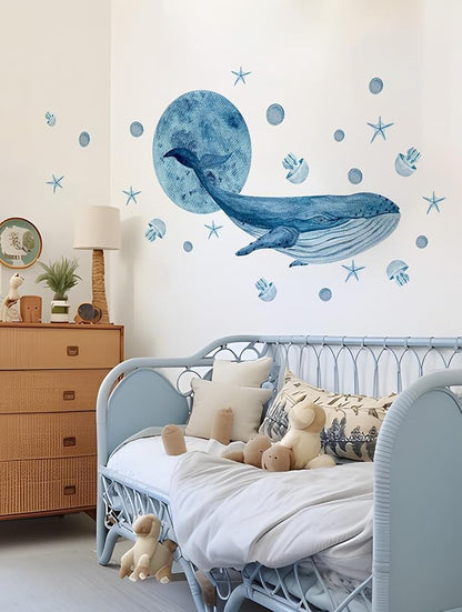 Alwayspon Blue Whale Wall Decals Vinyl Removable Wall Murals Peel and Stick Self Adhesive House Wall Sticker Decor for Bedroom Living Room Nursery