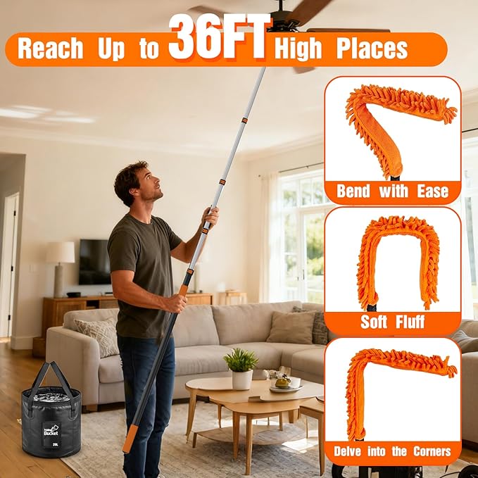 SISUPASSIE 36FT Reach High Ceiling Duster Kit, Window Cleaning kit with 7-30FT Extension Pole, Fan Duster for Ceiling Fan Blades, Microfiber Feather Duster, Window Squeegee, Bucket and Cobweb Duster