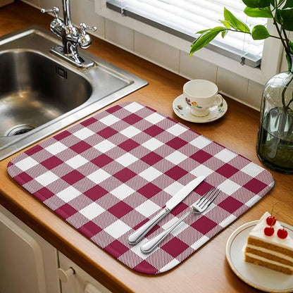 Dish Drying Mat Wine Red Buffalo Check Plaid Drying Mats for Kitchen Counter Farmhouse Style Absorbent Microfiber Dish Drainer Quick Drying Coffee Mat with Hanging Loop, 18 x24 inch