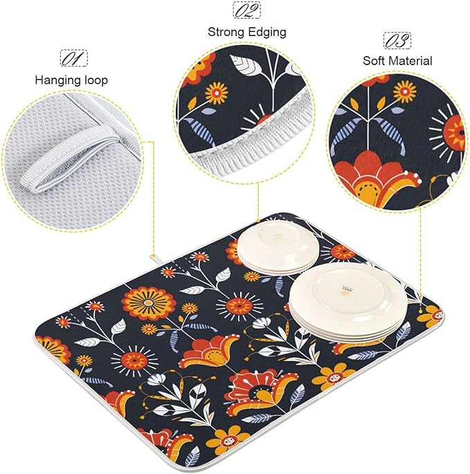 Floral Pattern Traditional Folk Art Dish Drying Mat for Kitchen Counter Absorbent Microfiber Drying Pad, Large 18x24 in, Reversible Drainer Mats